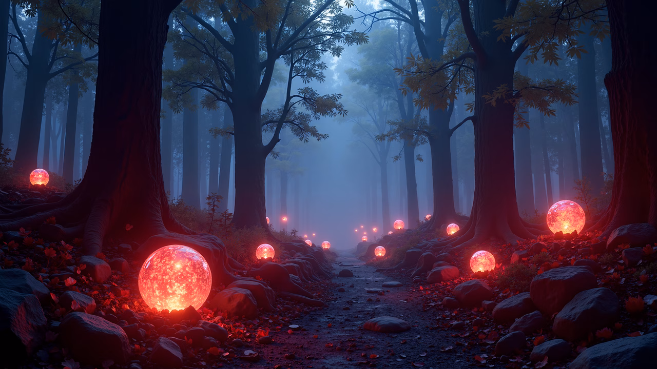 Enchanting forest path with glowing red spheres, mysterious fantasy art.