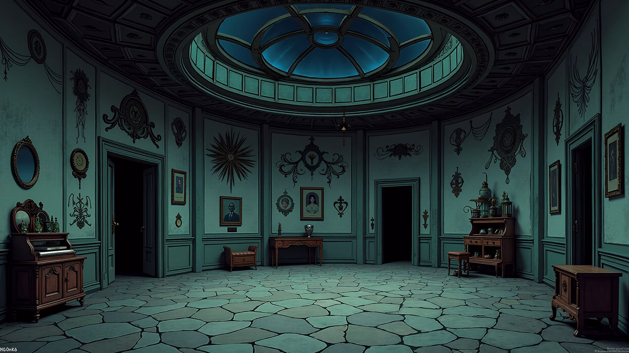 Victorian interior with ornate details and muted teal tones.