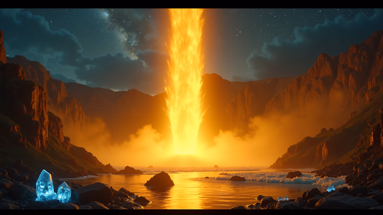 A magical sunset scene with glowing crystals and a radiant light beam.