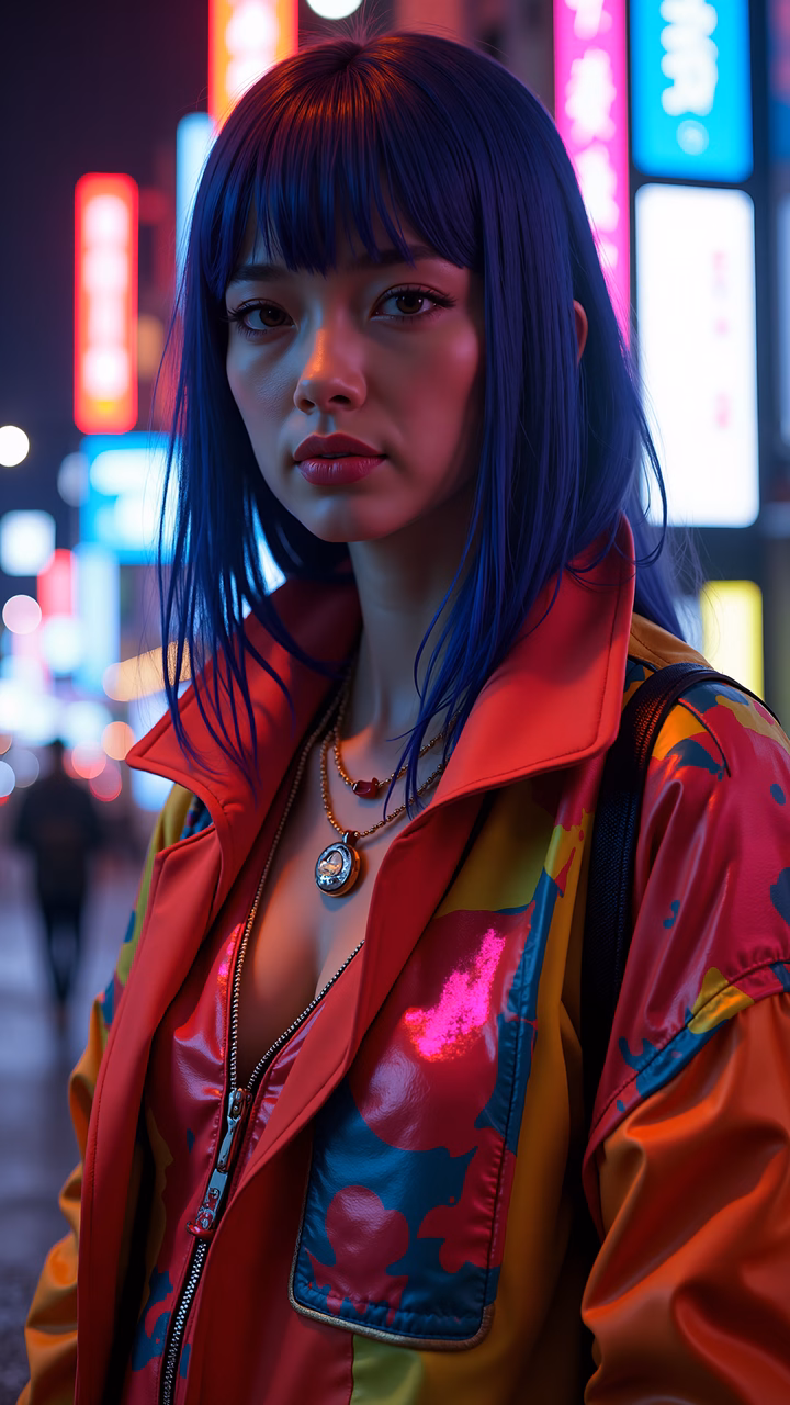 Vibrant neon portrait of a stylish urban figure.