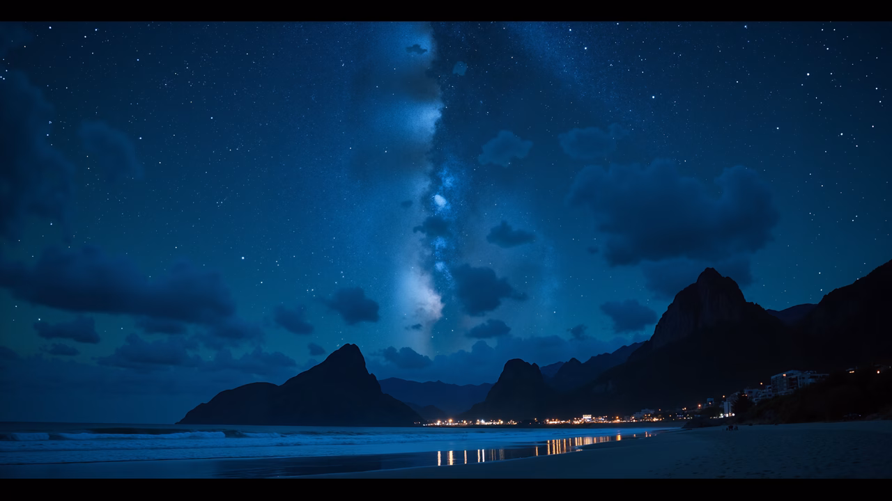 A stunning night sky over mountains, reflecting on the ocean and a distant coastal town.