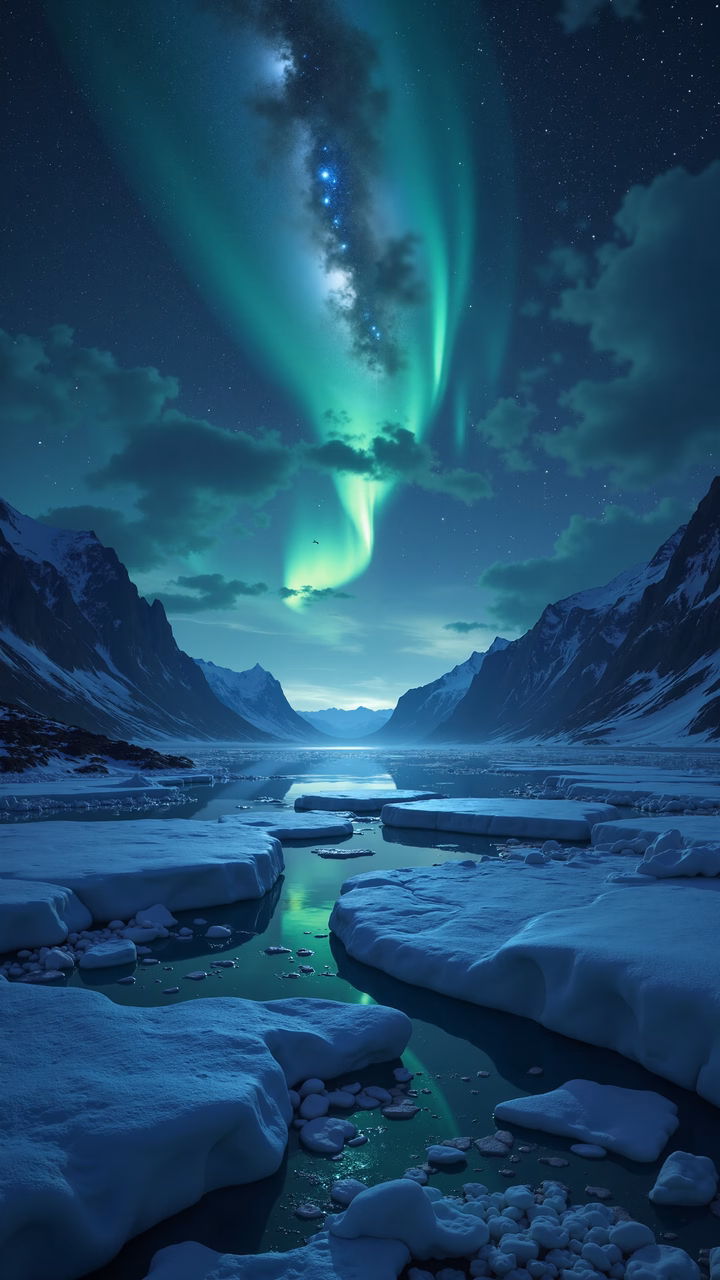 A stunning depiction of the Northern Lights over a snowy landscape, blending natural beauty with artistic flair.