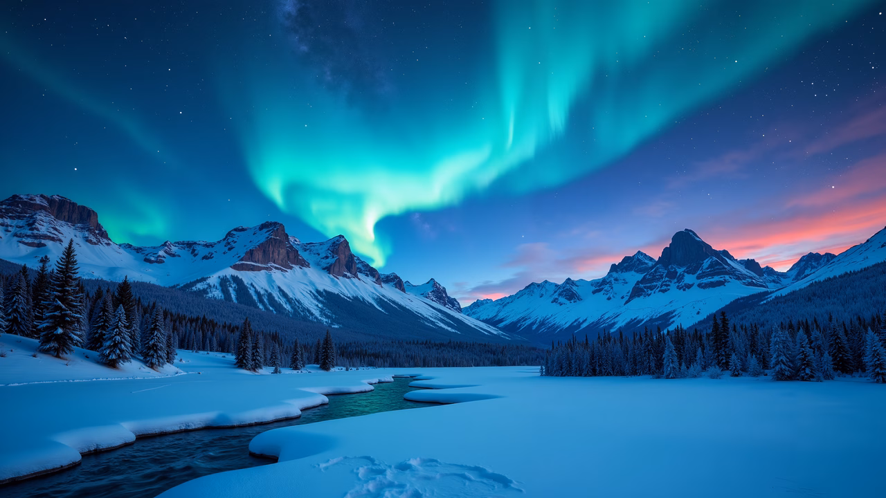 Northern Lights over snow-covered mountains and a reflective lake at night.