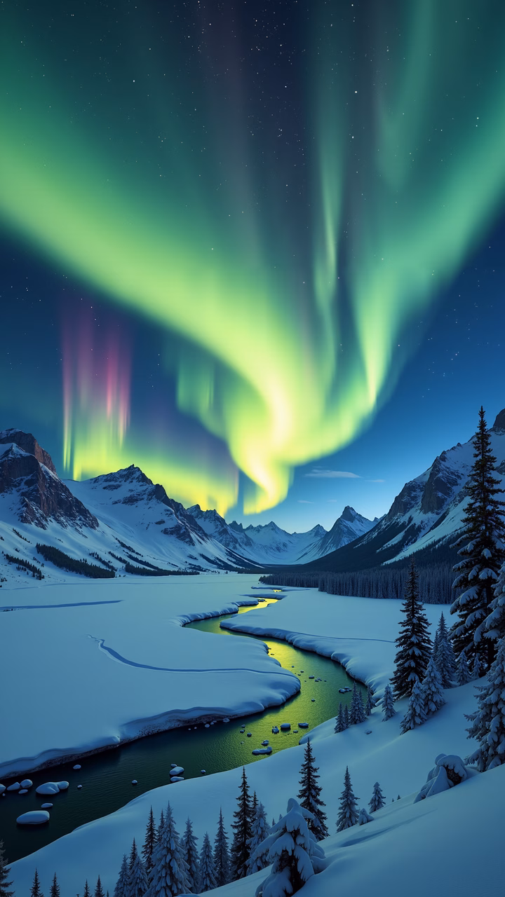 Northern Lights illuminating a snowy mountain landscape