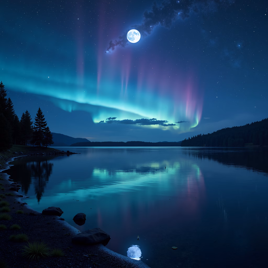 Vibrant Northern Lights reflected in a peaceful lake under a starry sky.
