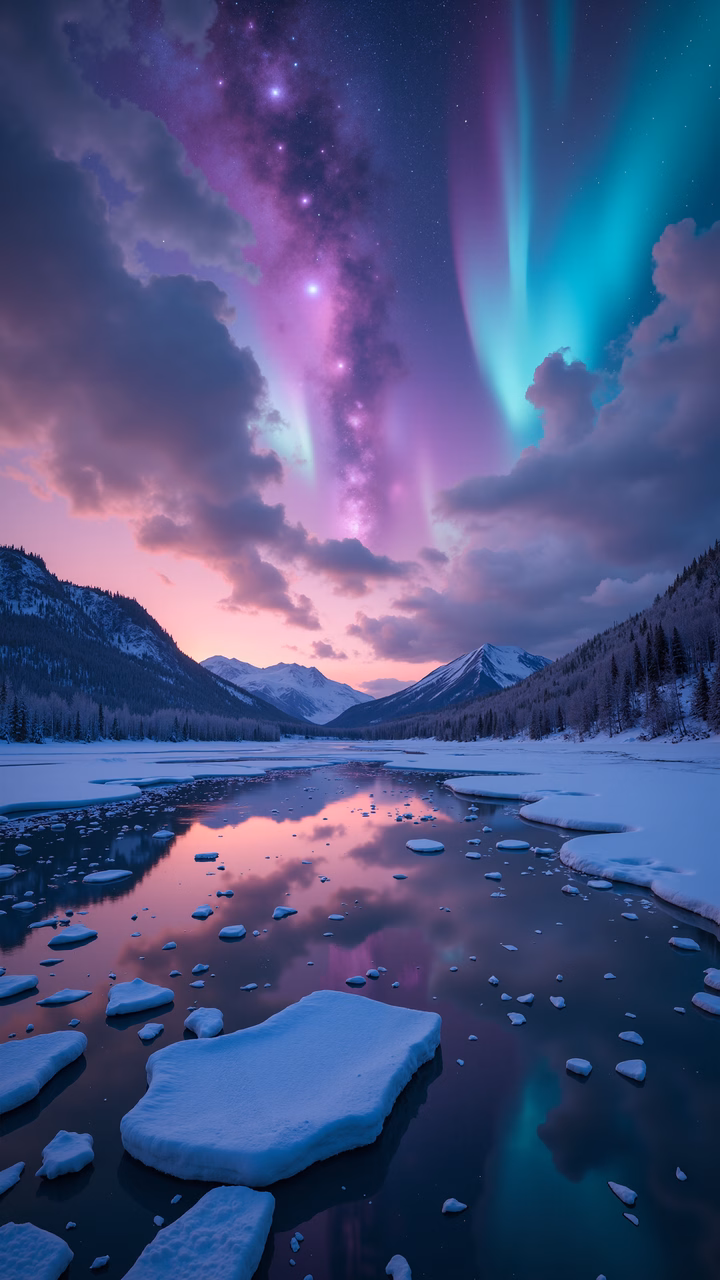 Northern Lights reflecting on a tranquil lake amidst snowy mountains under a starry sky.