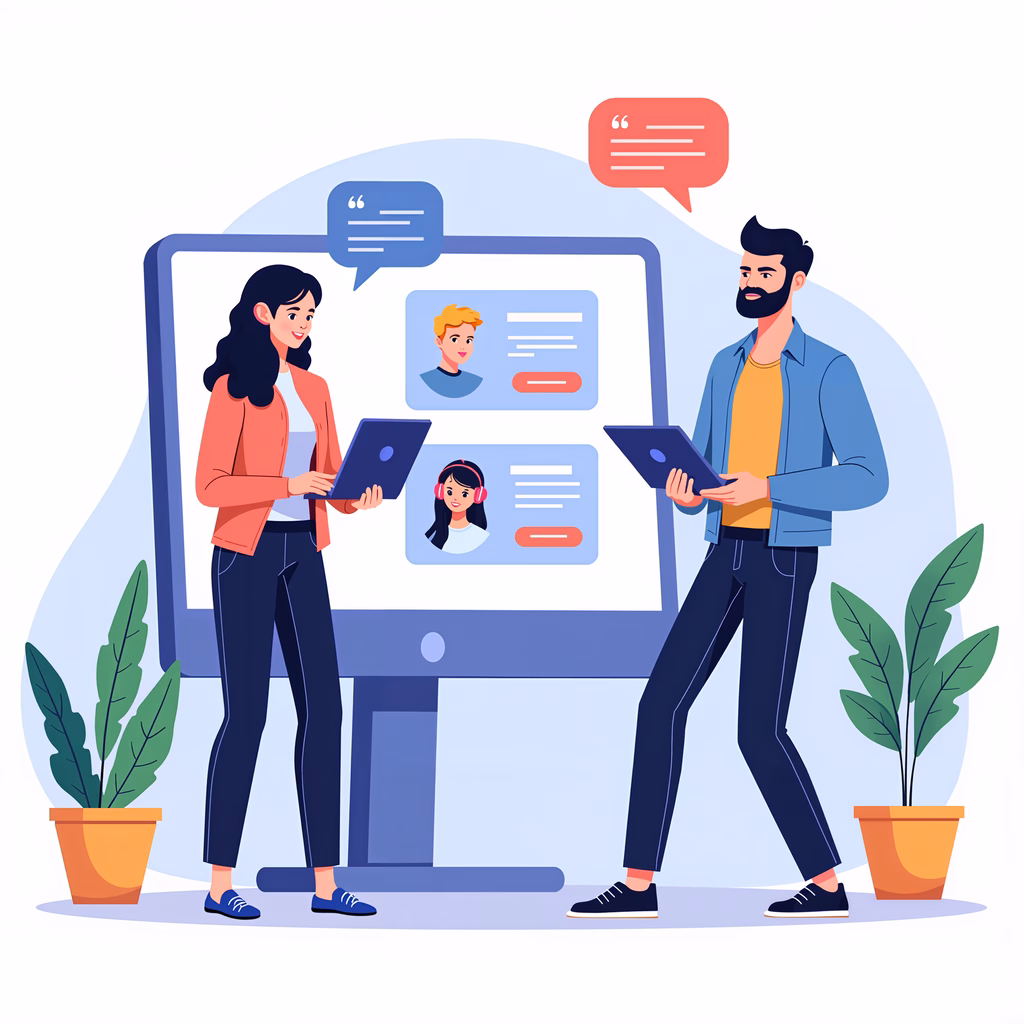Two individuals collaborating online through a vibrant digital interface, emphasizing teamwork and communication.