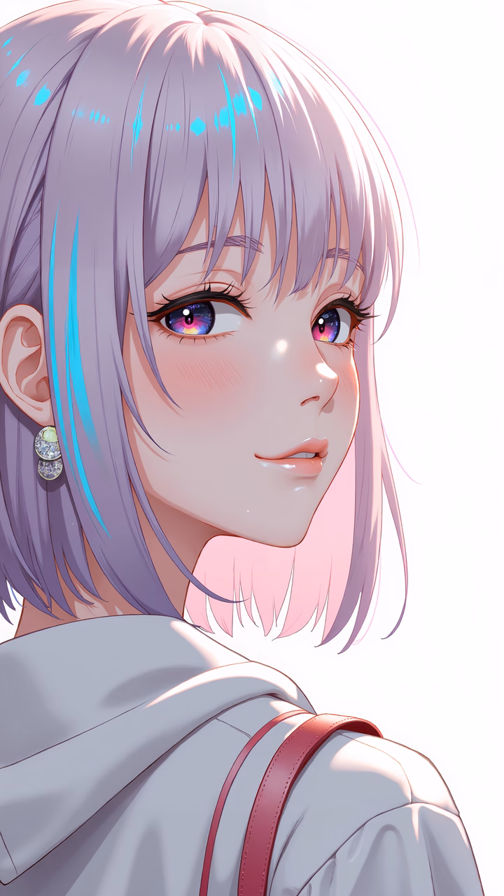 Pastel-hued anime girl with dreamy eyes and delicate accessories.