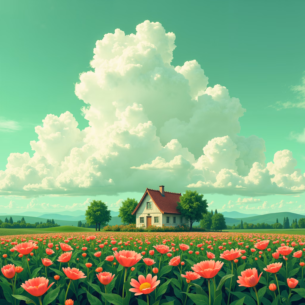 A tranquil pastoral scene with a house, flowers, and clouds.