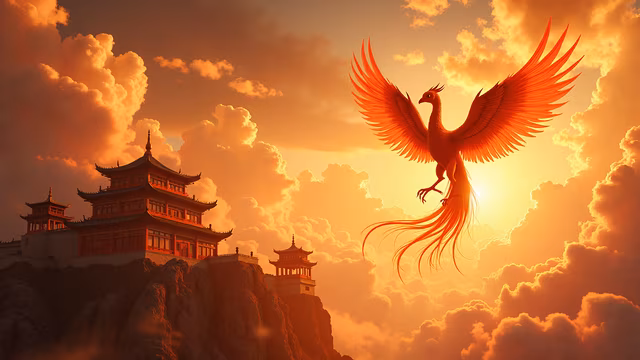 Phoenix Rising Over Ancient Pagodas