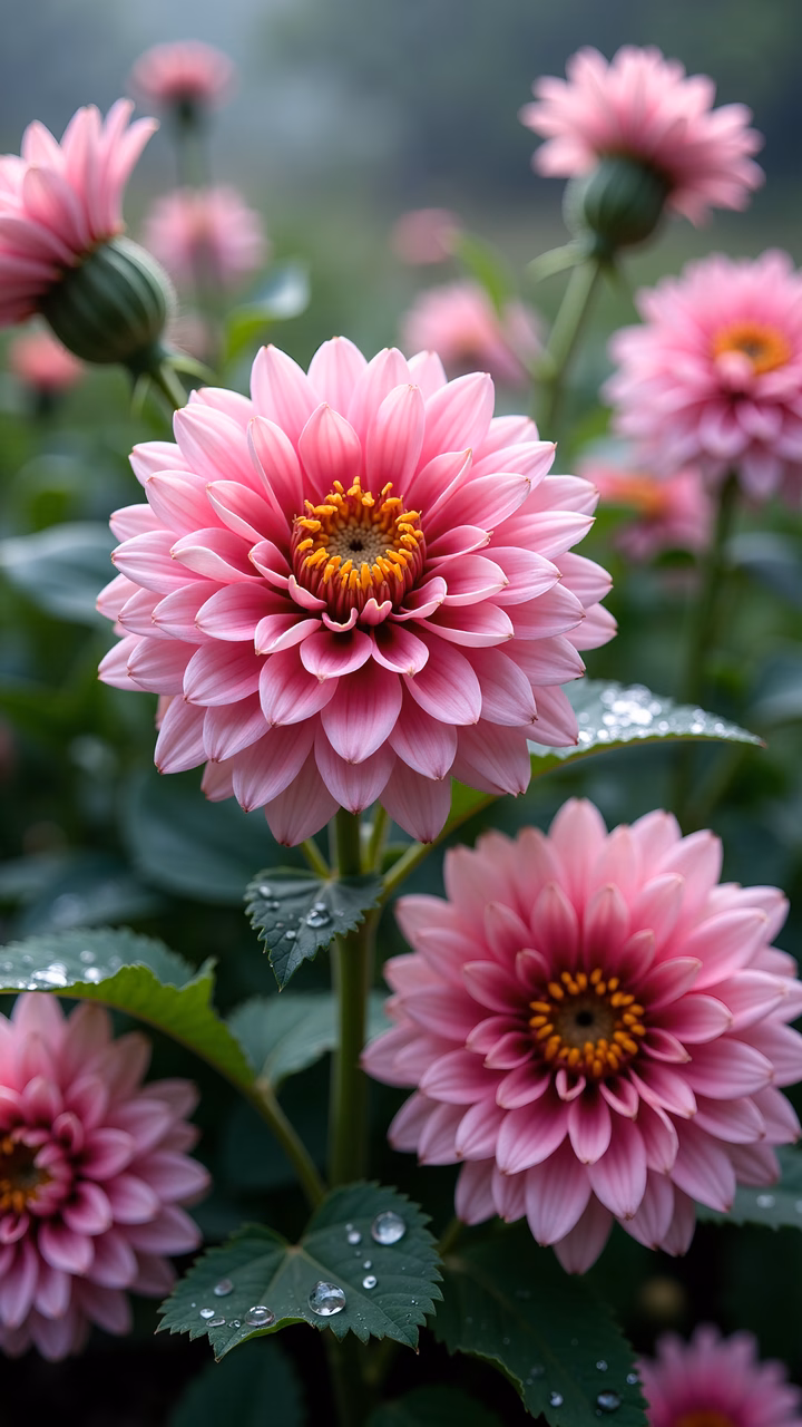 Close-up of dew-drenched pink dahlias in full bloom, emphasizing natural elegance and serenity.