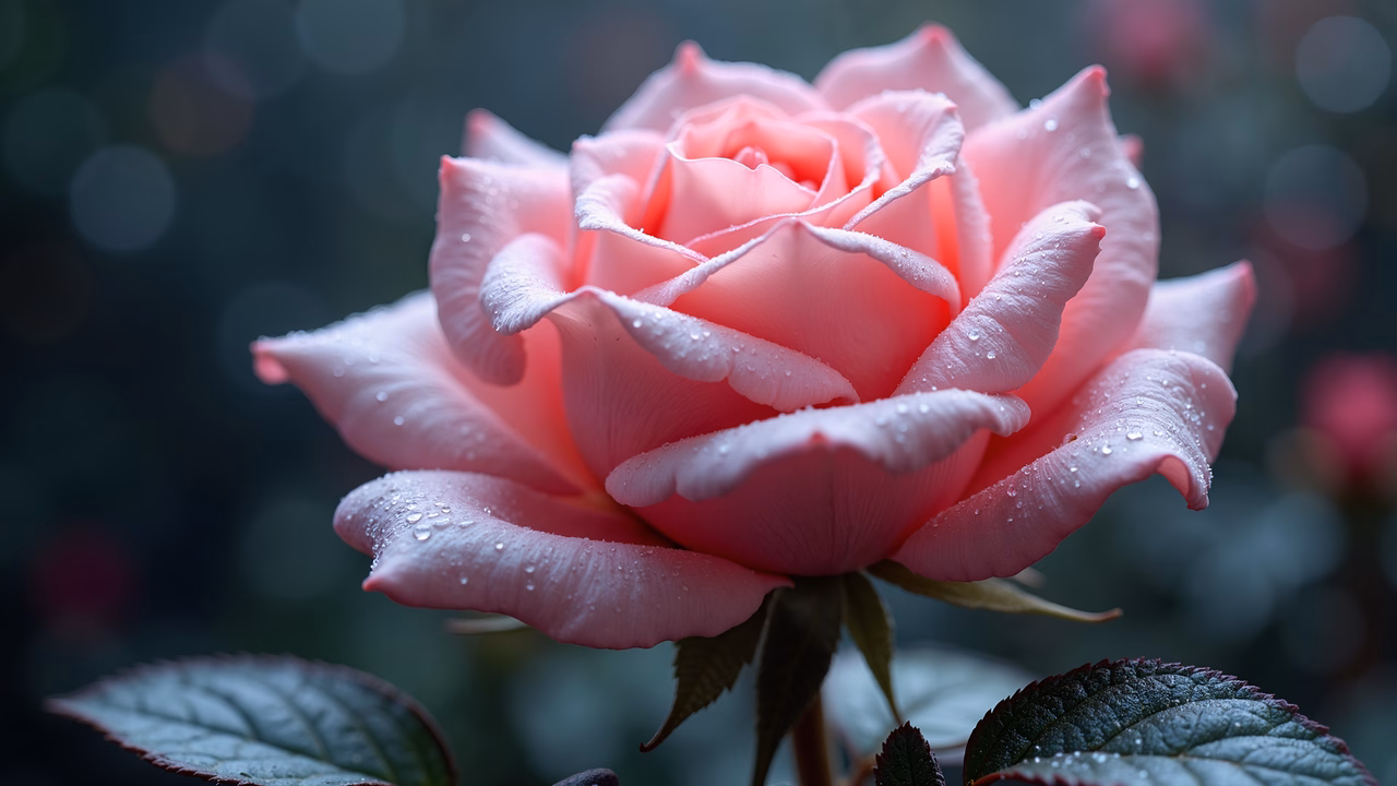 Close-up of dew-drenched pink rose, serene nature photography.