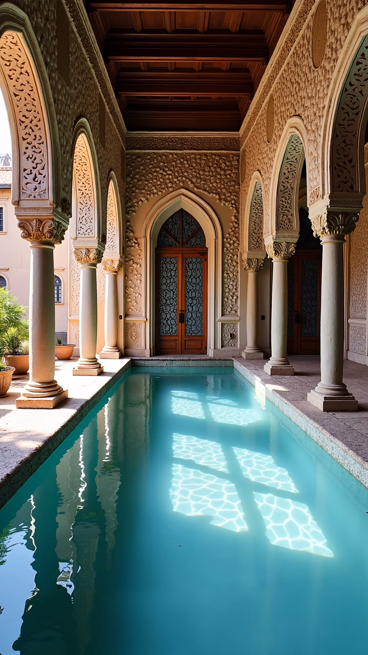 A tranquil pool reflecting intricate architectural details in a sunlit courtyard.