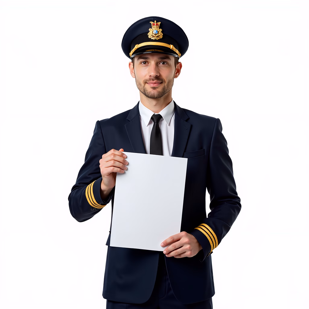 Confident pilot portrait in formal uniform against white background