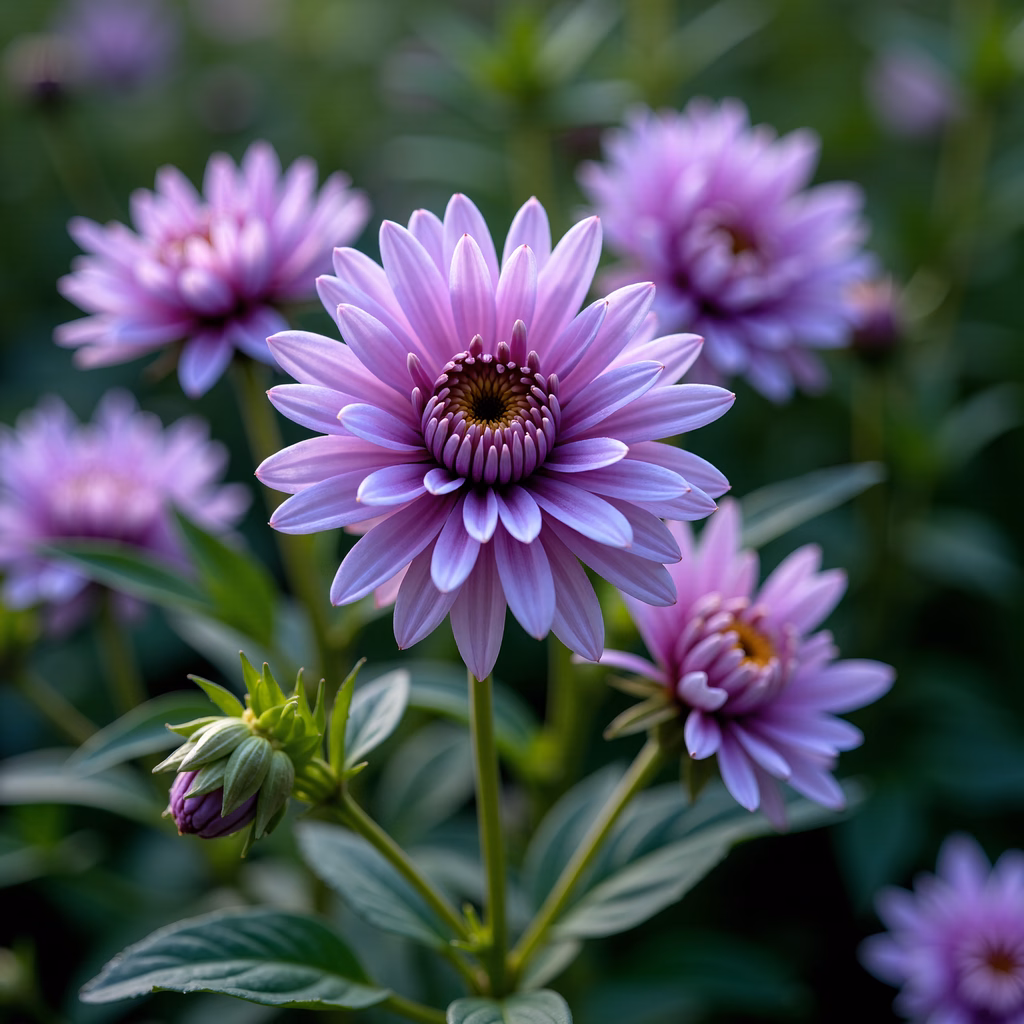 Close-up of a vibrant purple dahlia flower in full bloom, showcasing its intricate details and soft colors.