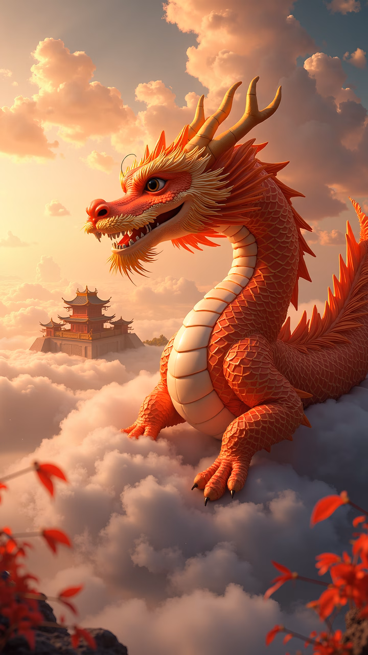 A mythical red dragon perched on clouds, blending fantasy with traditional Chinese architecture under a sunset sky.