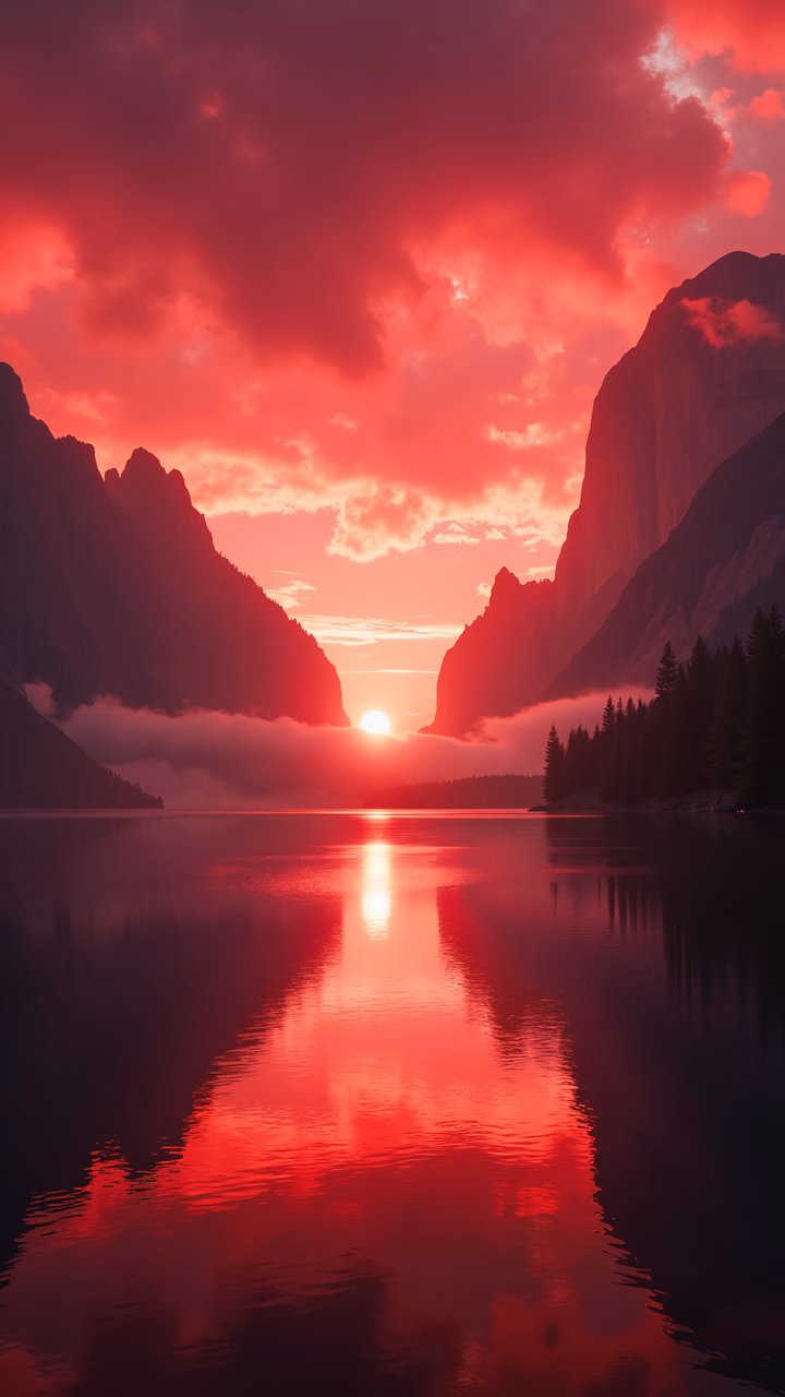 A stunning red sunset reflected in a peaceful lake surrounded by mountains and trees.