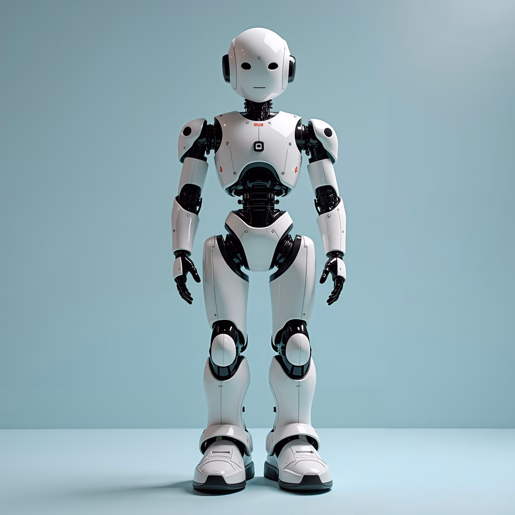 A sleek, futuristic humanoid robot standing against a minimalist background.