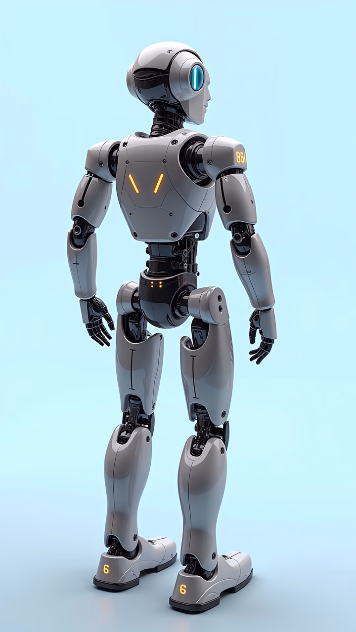 Sleek, metallic humanoid robot with orange accents and a single blue eye, set against a soft blue background.