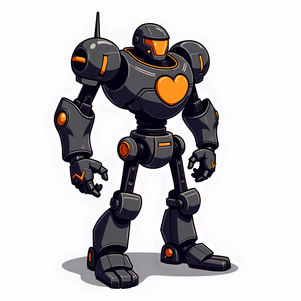 A robotic character with a heart-shaped chest plate, blending technology and emotion.