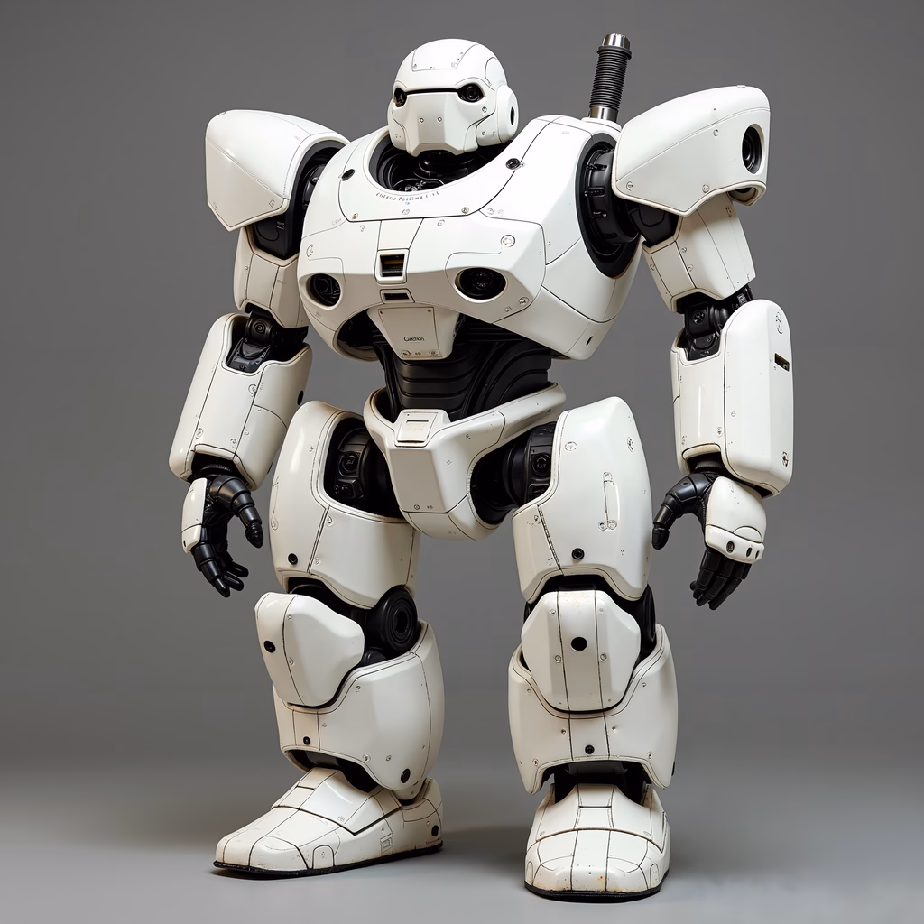Detailed illustration of a white robotic soldier with black accents, standing against a neutral backdrop.