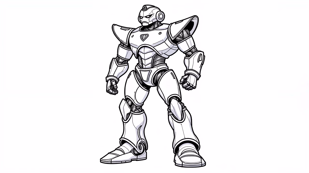 Robotic warrior with futuristic armor in monochrome illustration.
