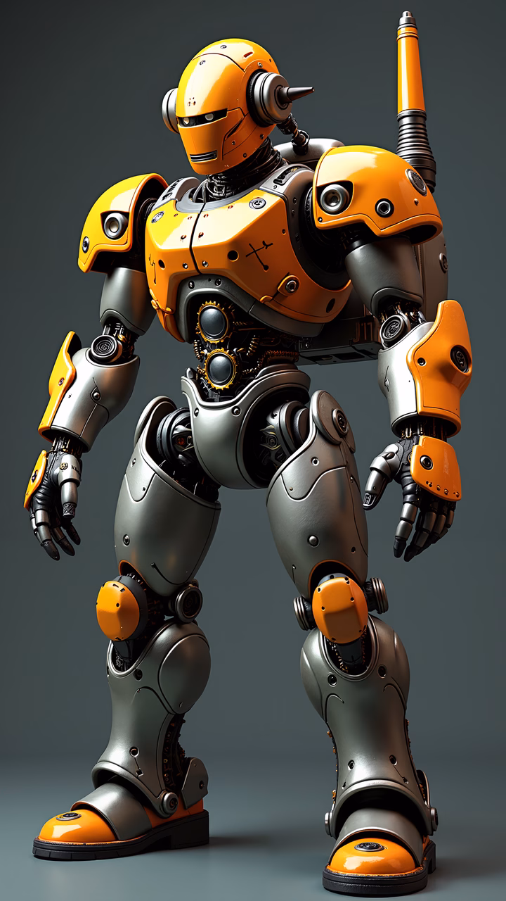 Detailed robotic warrior with metallic and orange accents, blending steampunk and cyberpunk aesthetics.
