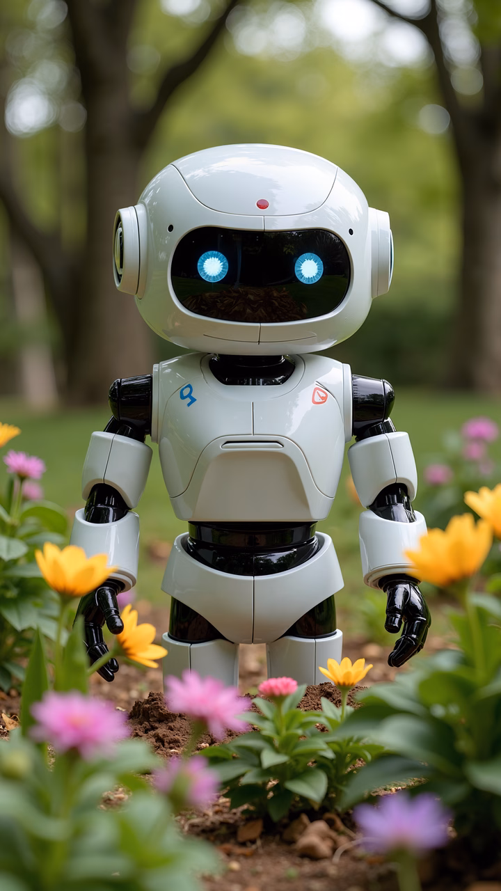 Futuristic robot in a colorful garden
