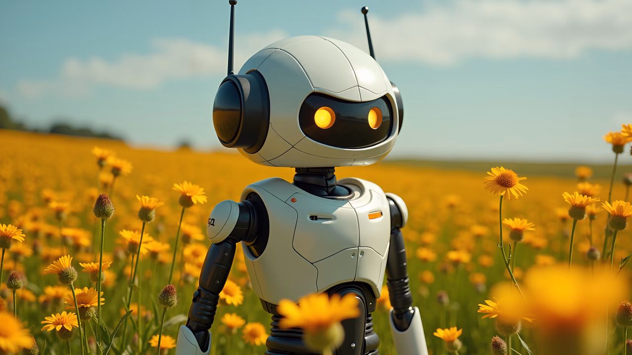 A robot in a flower-filled meadow under a sunny sky.