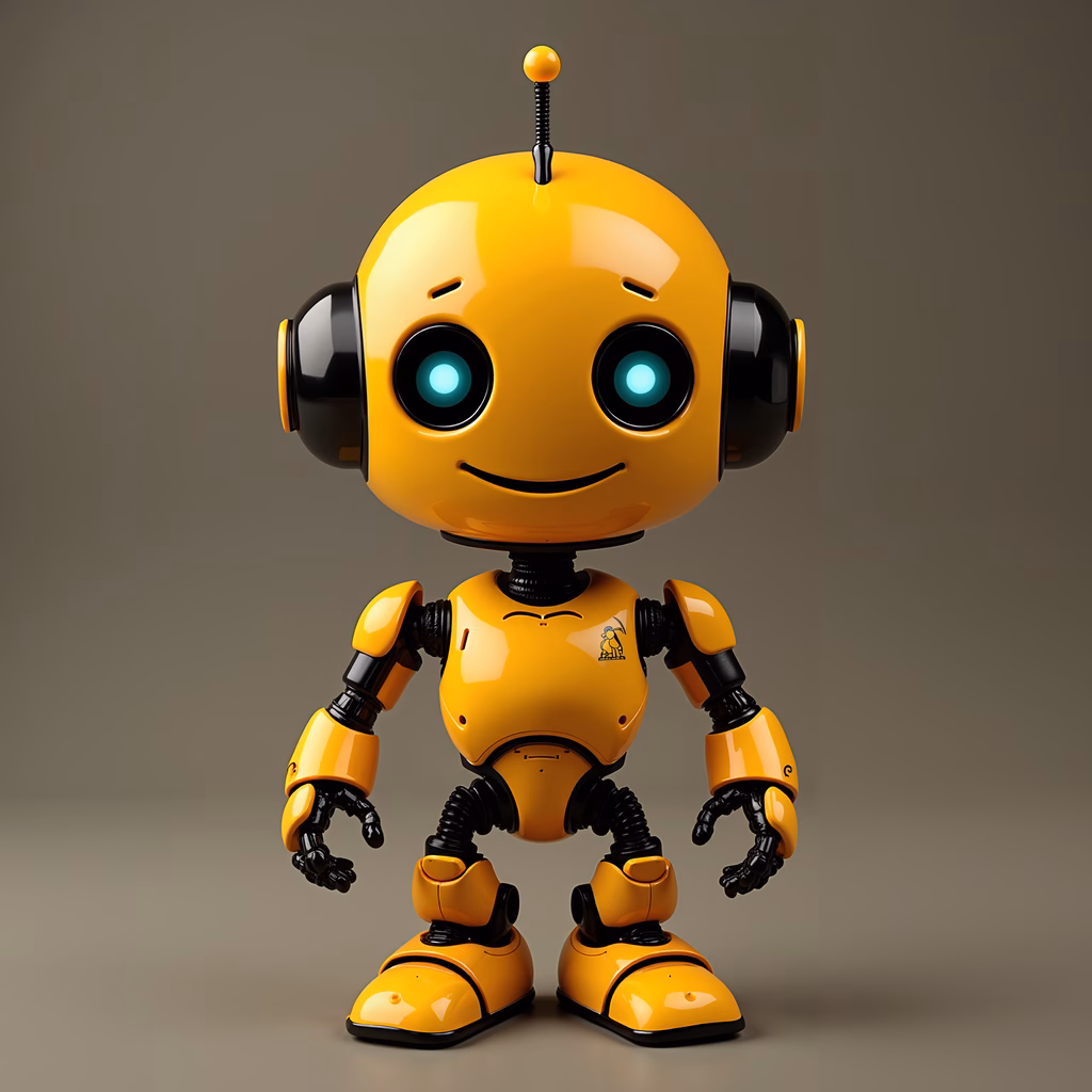 A cute, yellow robot with big eyes and a friendly smile, standing out against a neutral gray background.