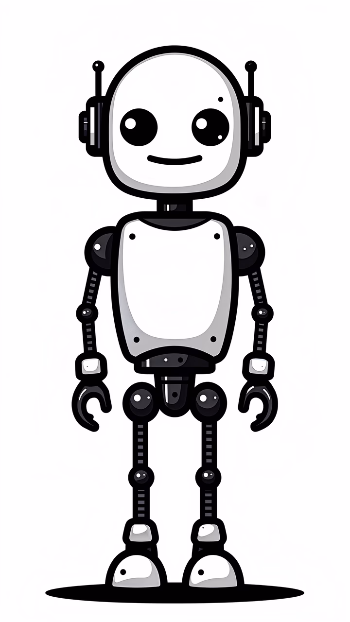 Friendly robot character with a minimalist design and expressive eyes.