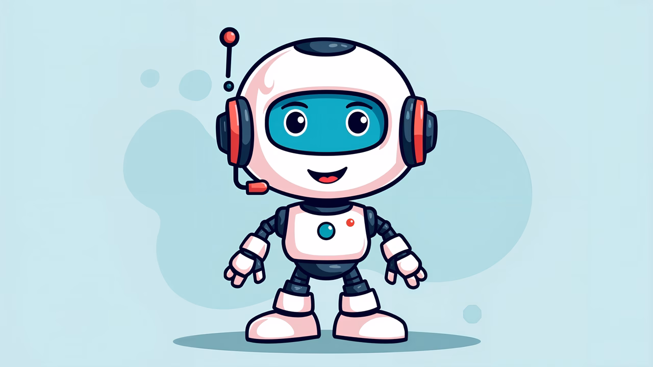 A cute robot character with a friendly smile, set against a pastel blue background.