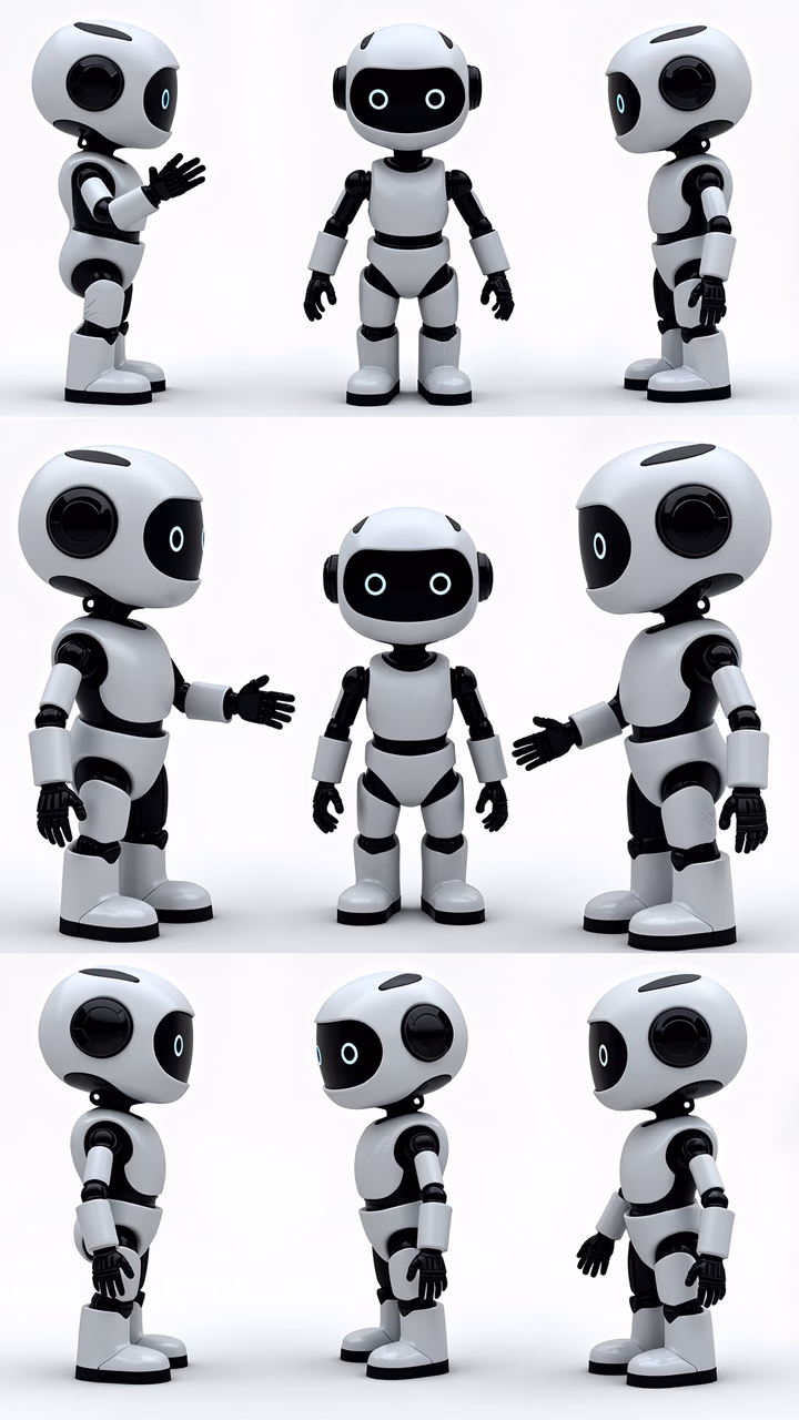 Minimalist robot characters with futuristic design and clean lines.