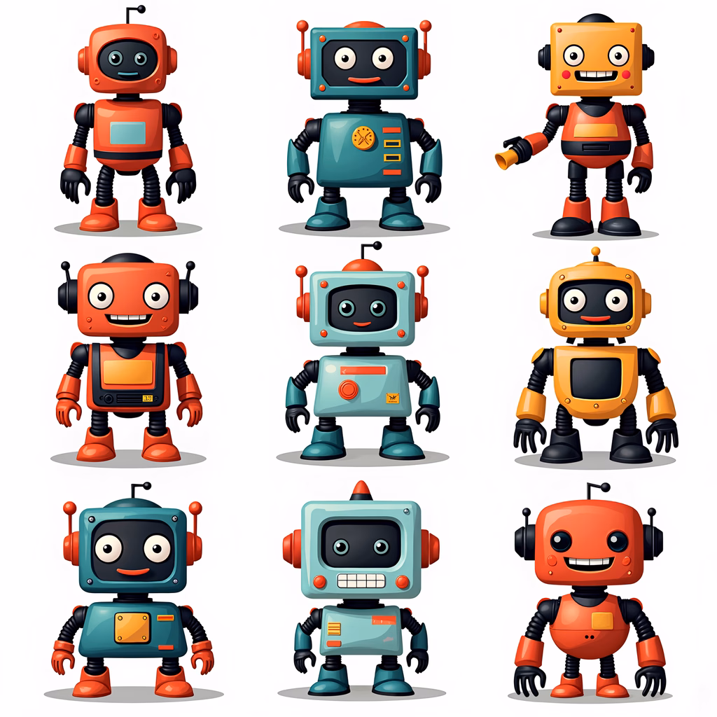 Brightly colored robot collection for kids, featuring nine friendly characters.