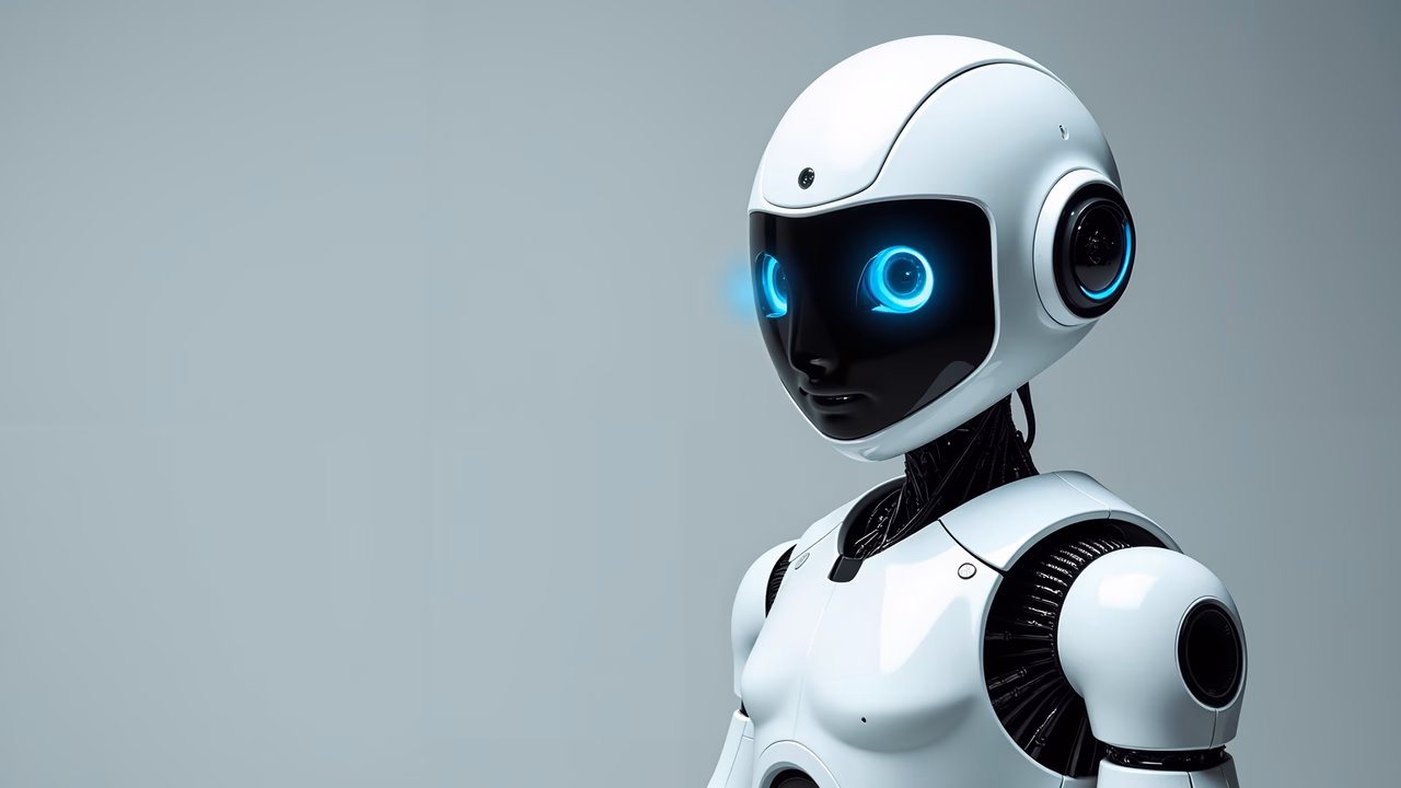A futuristic robot with glowing blue eyes against a minimalist background.