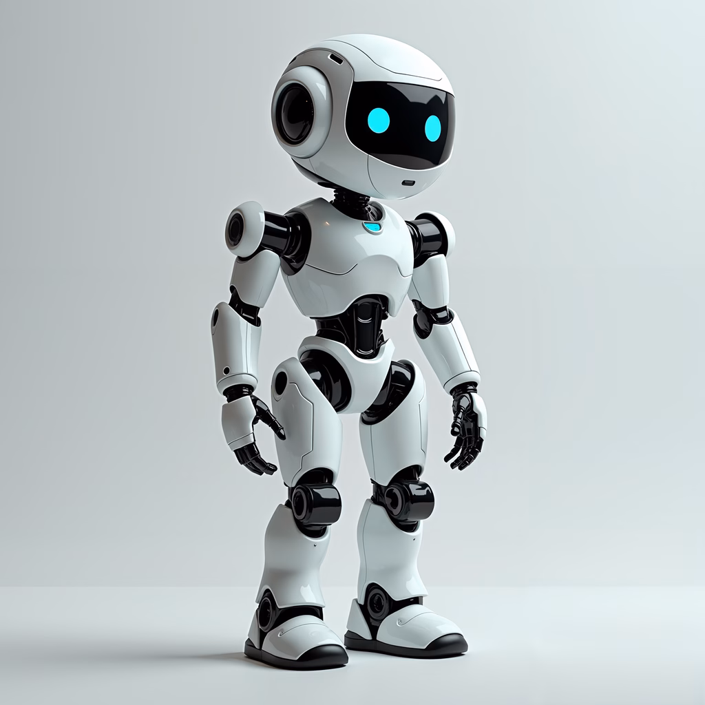 Friendly robotic companion with sleek design and bright blue eyes.