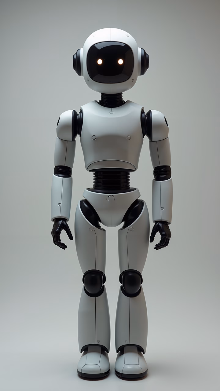 A futuristic humanoid robot with glowing eyes standing against a neutral background.