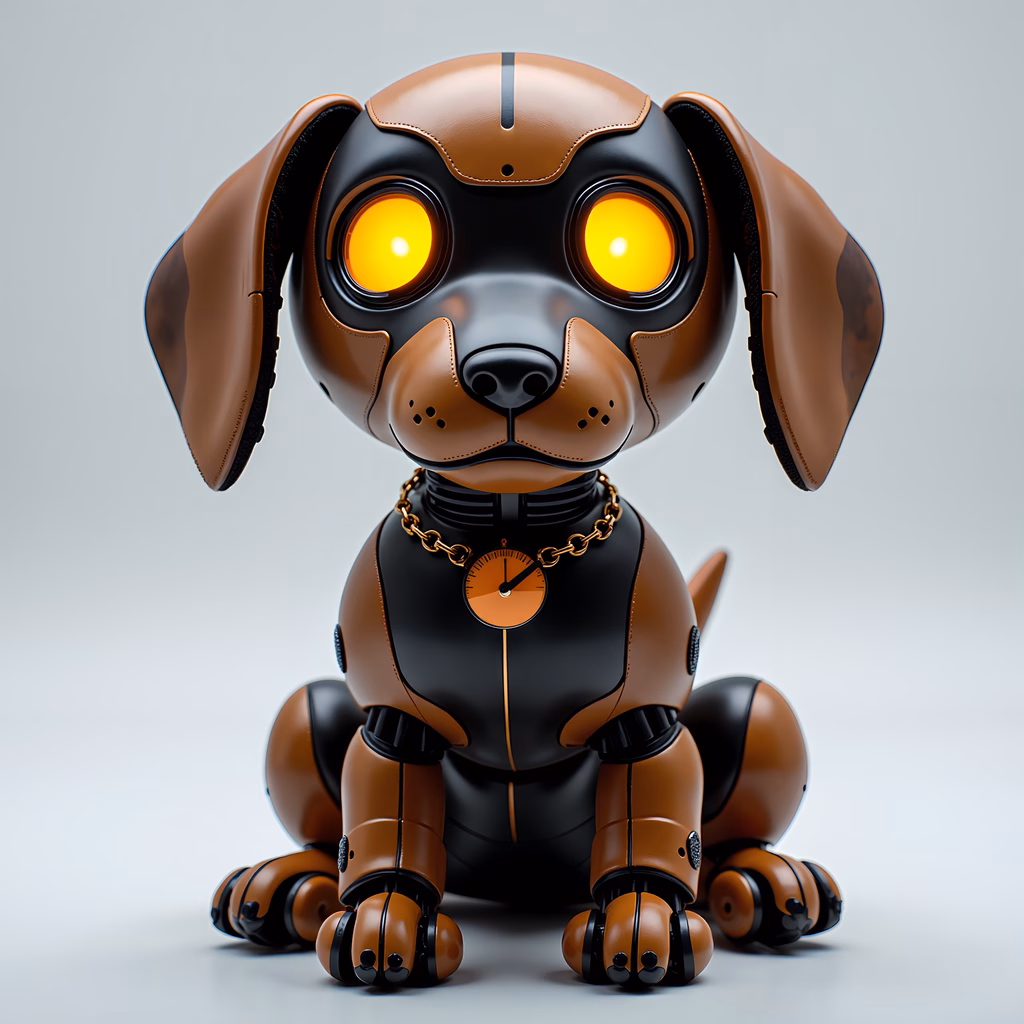 A futuristic robot dog with glowing eyes and metallic features.