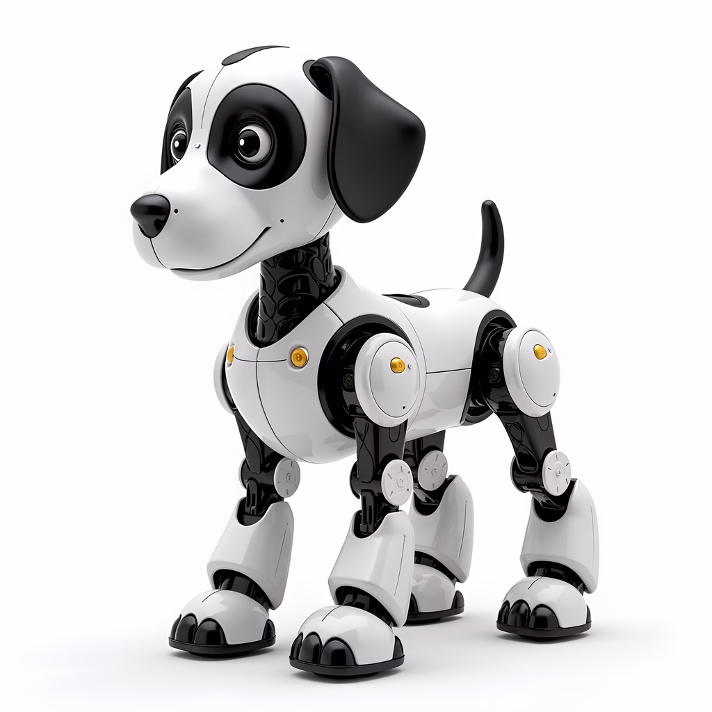 A cute robot dog with a playful and modern design, combining technology and cuteness.