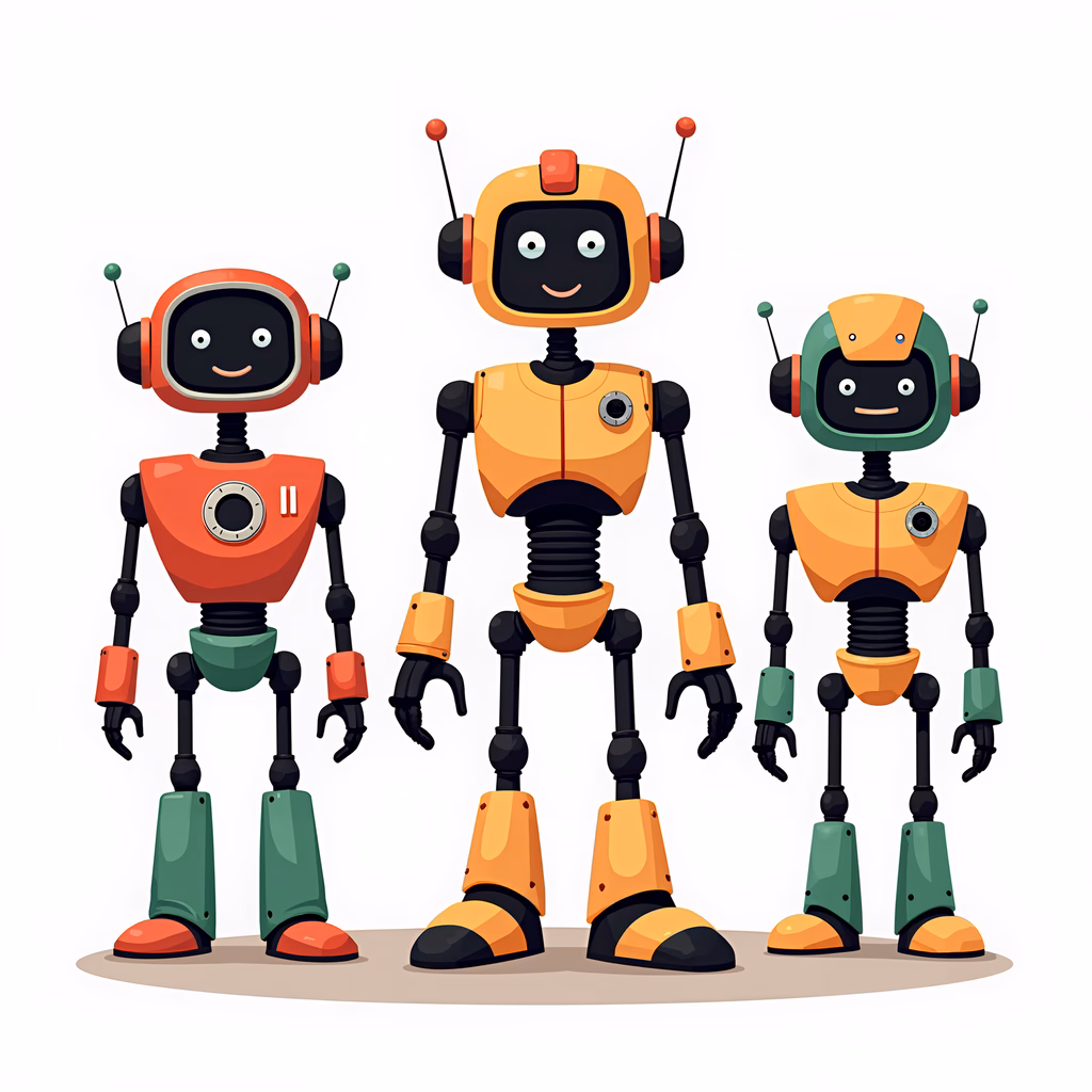 Three colorful robots with friendly faces and antenna-like heads, perfect for children's art.