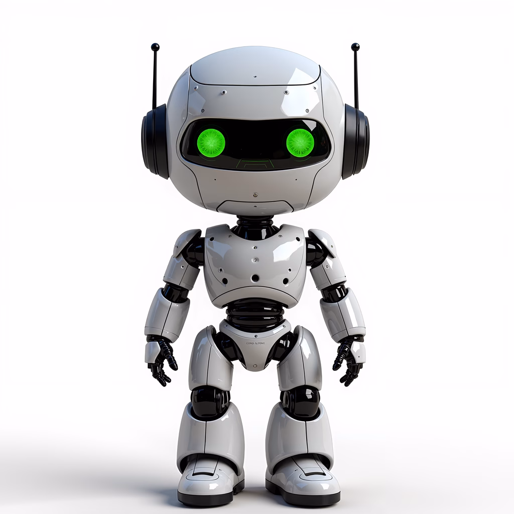 Friendly metallic robot with green eyes and antenna-like appendages.