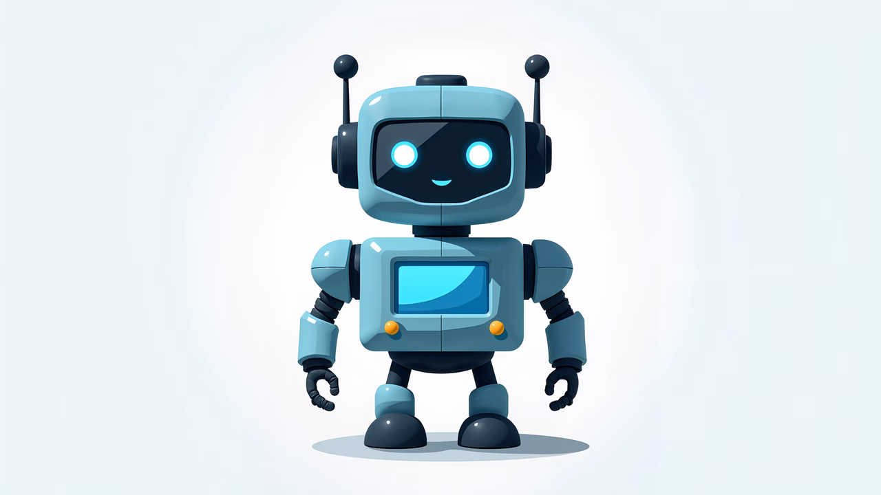 A cute, friendly robot with a cheerful expression and simple design.