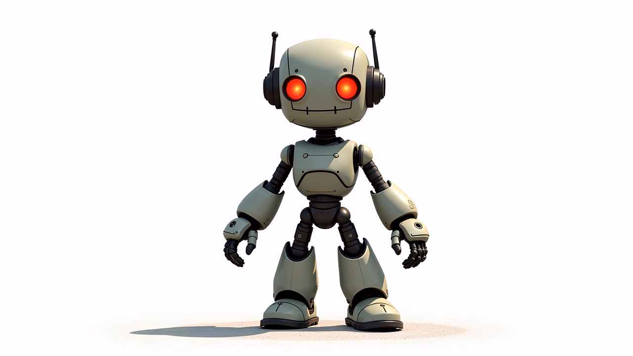 Friendly robot with red eyes and beige body, set against a clean white background.