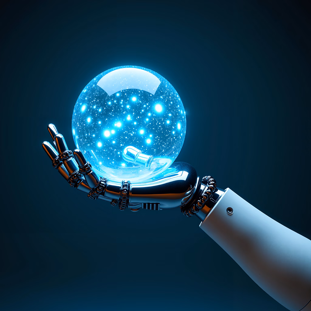 A futuristic robot hand holding a glowing crystal ball against a dark backdrop.
