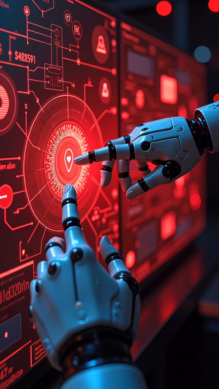 Robotic hands engaging with a sophisticated, futuristic interface in a high-tech setting.
