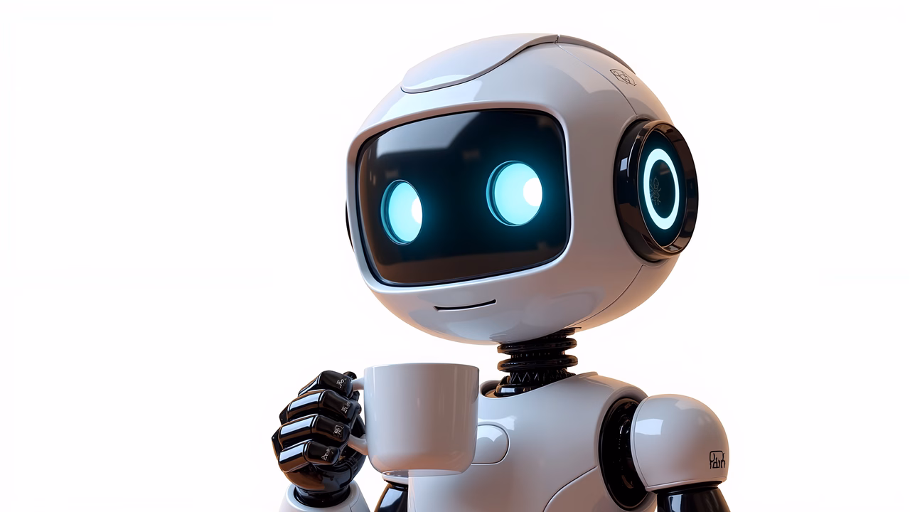 Sleek robot holding a mug, futuristic design, modern technology