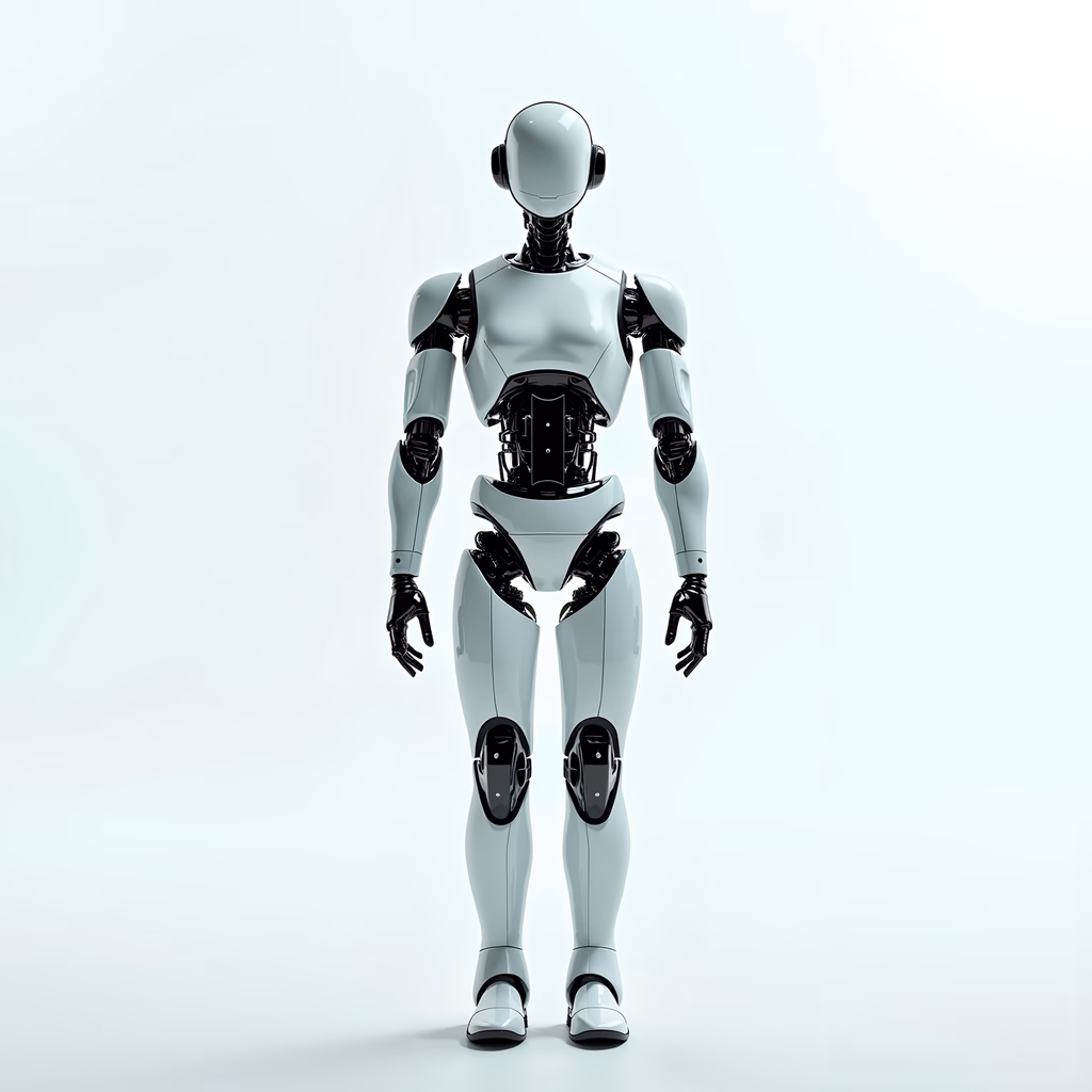 Sleek, futuristic humanoid robot with glossy surfaces and black accents on a white background.