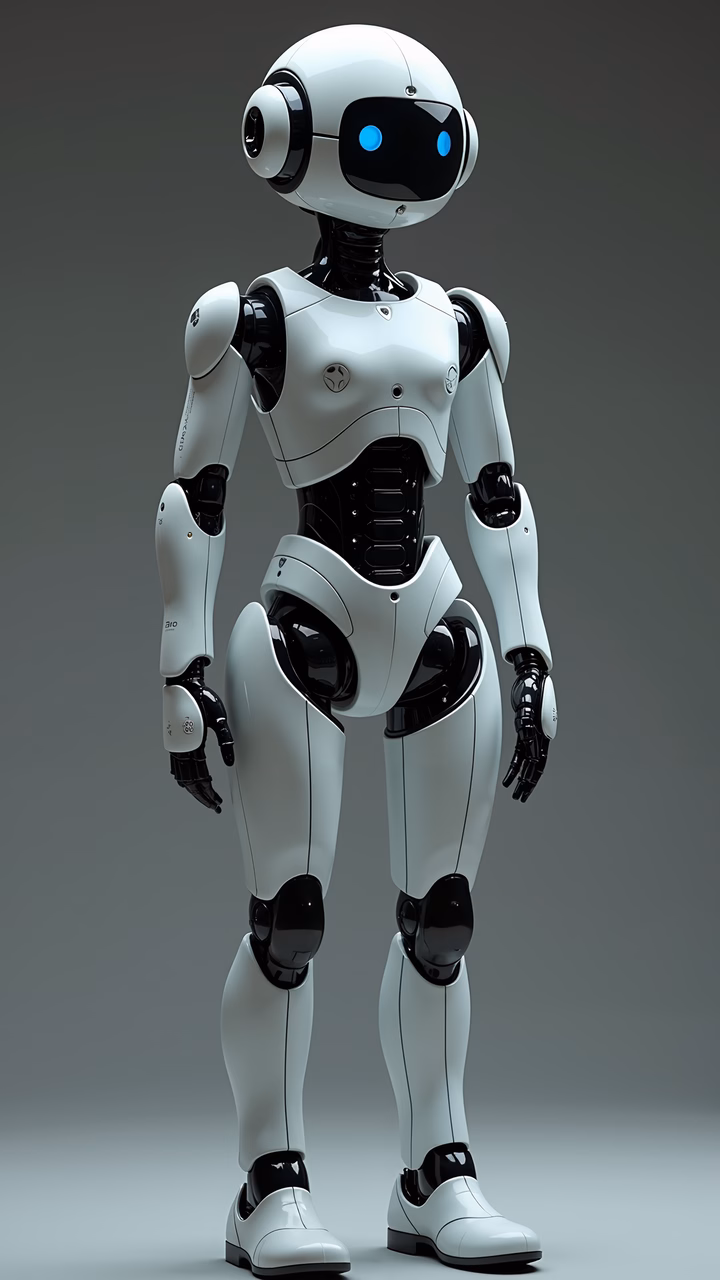 A futuristic humanoid robot standing confidently against a neutral gray backdrop.