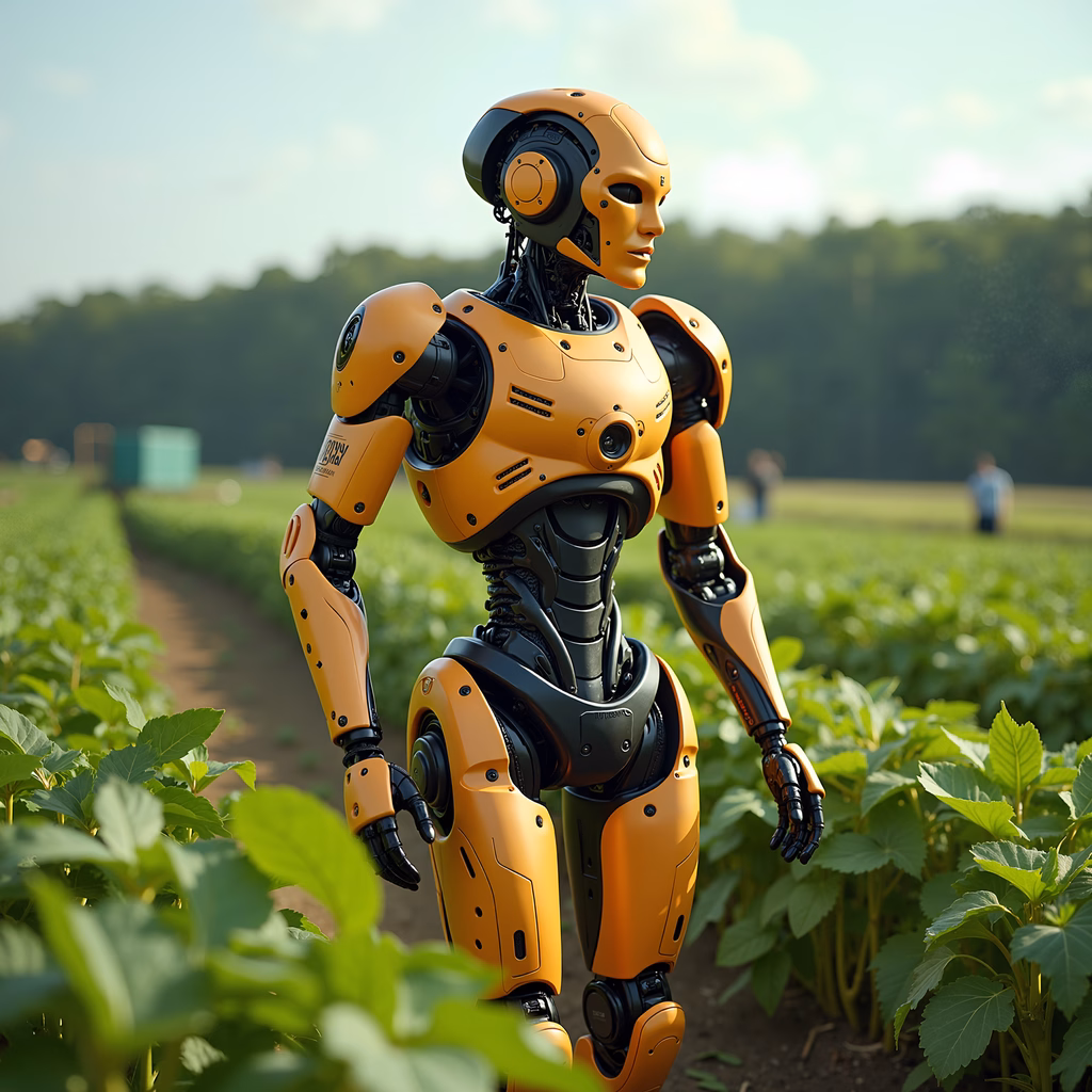 A futuristic robot amidst green crops under a sunny sky.