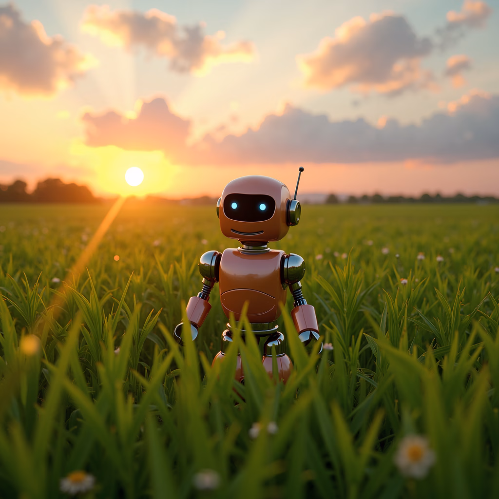 A robot in a peaceful field at sunset, blending technology with nature.